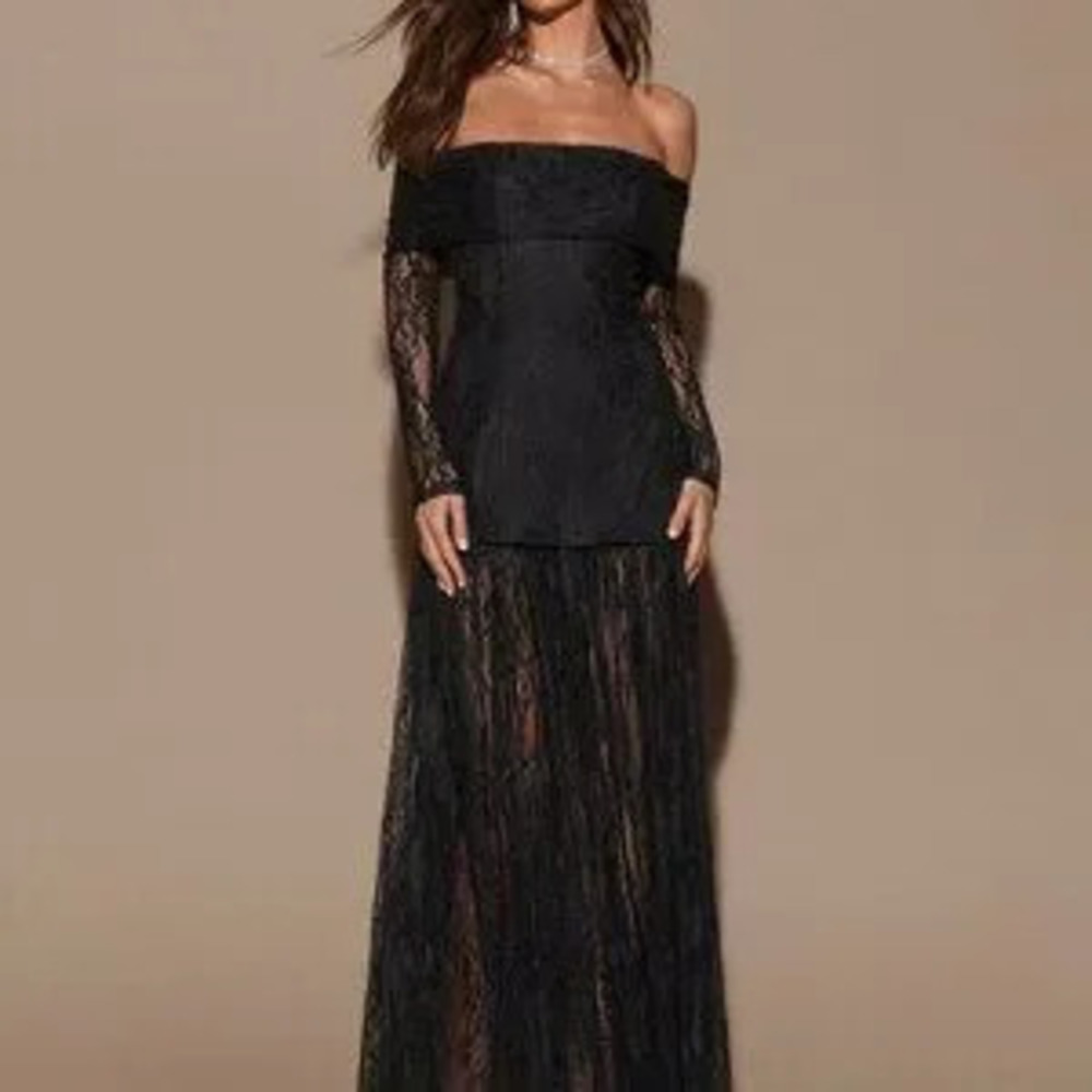Black Elegant Women's Lace Off Shoulder Long Sleeve Dress